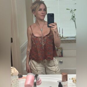 Boho Floral Spaghetti Strap Tank Top - Rust